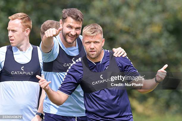 Hartlepool United's Bard Walker and Nicky Featherstone participate in Hartlepool United's pre-season training at Maiden Castle in Durham City, on...