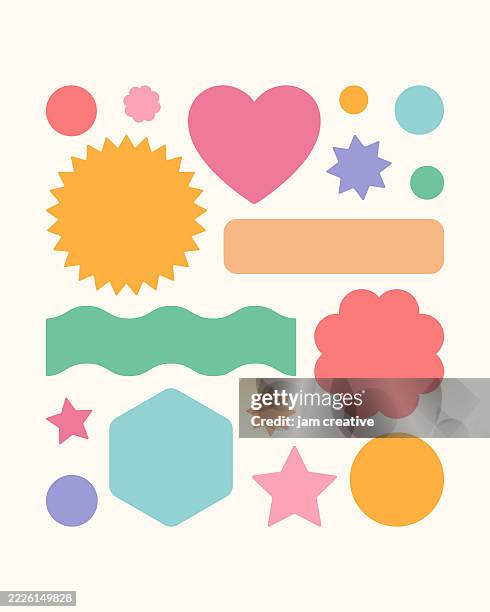 cute seal, patch, and sticker design element set - retro pastel cut out geometric shapes - picture book stock illustrations