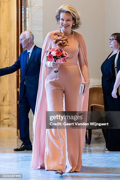 Queen Mathilde of Belgium attends the preludium to the National Day Concert at Bozar Palace For Fine Arts on July 20, 2025 in Brussels, Belgium.