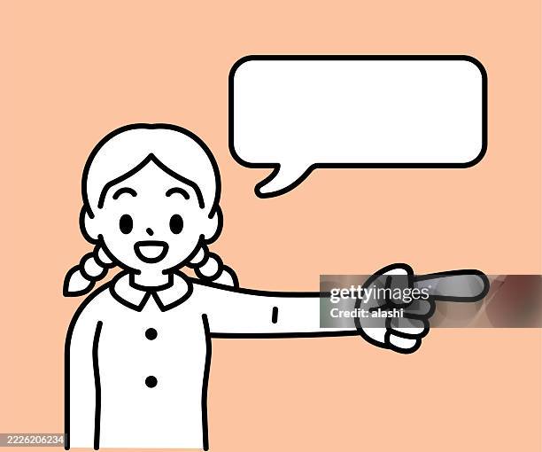 ein süßes mädchen mit geflochtenen zöpfen, lächelnd, mit dem zeigefinger nach links oder rechts zeigend, sprechend und erklärend, den betrachter anschauend, schwarzer umriss mit flachen farben, minimalistischer stil - malbuch stock-grafiken, -clipart, -cartoons und -symbole