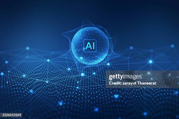 artificial intelligence (ai) concept with a glowing digital sphere and futuristic data network grid, representing machine learning, big data processing, and advanced neural networks in modern technology. - robot design stock pictures, royalty-free photos & images
