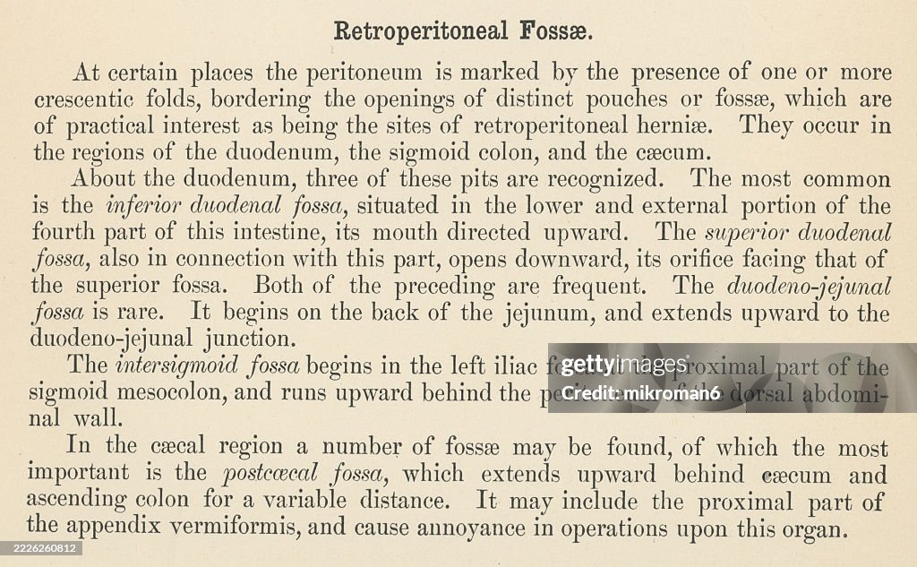 Old engraved illustration of a page from a human anatomy book describing the retroperitoneal space (retroperitoneum) is the anatomical space behind (retro) the peritoneum