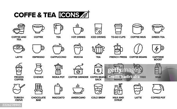 bildbanksillustrationer, clip art samt tecknat material och ikoner med coffee and tea line icon set. group of object. hot drinks, espresso, cappuccino, latte. - coffee
