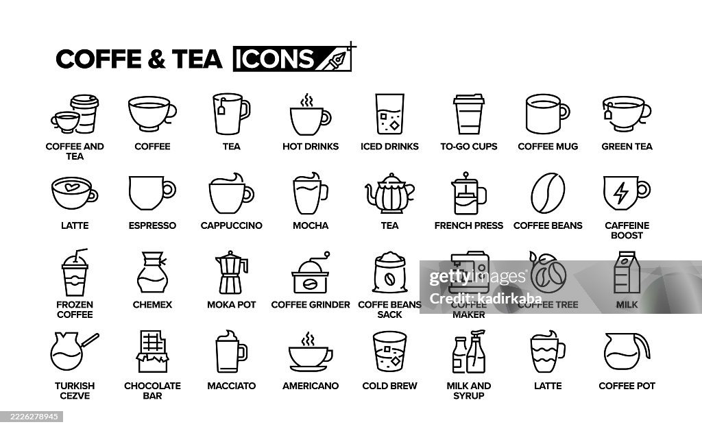 Coffee and Tea Line Icon Set. Group Of Object. Hot Drinks, Espresso, Cappuccino, Latte.