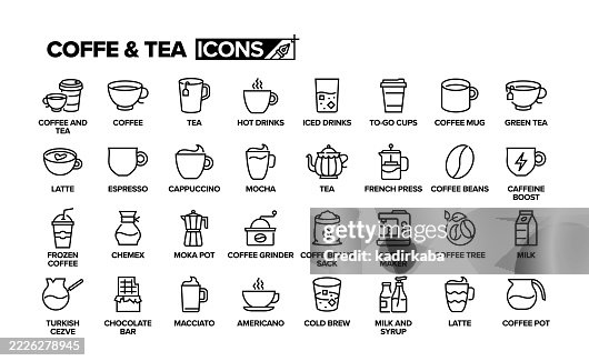 Coffee and Tea Line Icon Set. Group Of Object. Hot Drinks, Espresso, Cappuccino, Latte. Coffee and Tea Line Icon Set. Group Of Object. Hot Drinks, Espresso, Cappuccino, Latte.