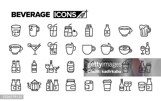 Conjunto de iconos de línea de bebidas. Grupo de objetos. Agua, café, refrescos, leche, jugo, alcohol, cerveza, vino. Conjunto de iconos de línea de bebidas. Grupo de objetos. Agua, café, refrescos, leche, jugo, alcohol, cerveza, vino.