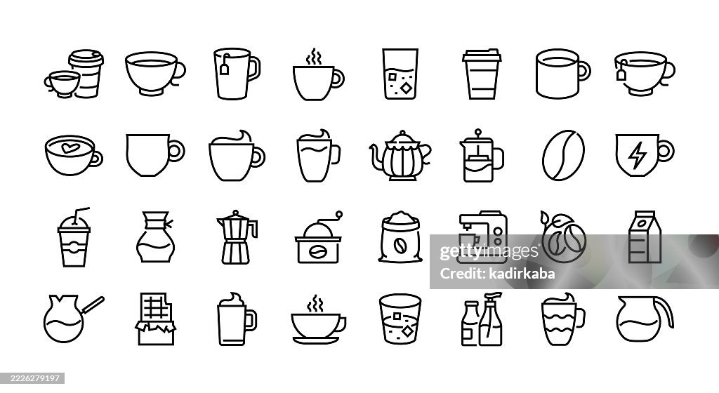 Coffee and Tea Line Icon Set. Group Of Object. Hot Drinks, Espresso, Cappuccino, Latte.