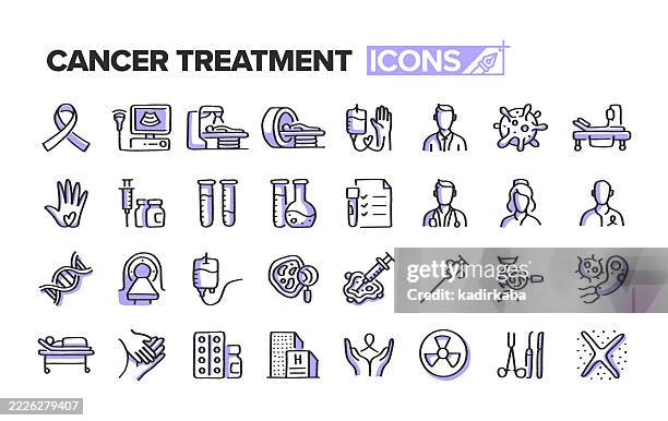 krebsbehandlung doodle line icon set. handskizzierte elemente für den kreativen einsatz. onkologie, chemotherapie, krankenhaus, arzt, onkologe, biopsie. - radioaktive strahlung stock-grafiken, -clipart, -cartoons und -symbole