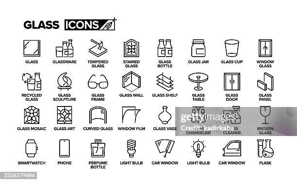 glaslinie icon set. gruppe von objekten. - trinkglas stock-grafiken, -clipart, -cartoons und -symbole