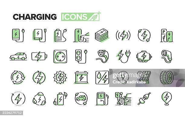 charging doodle line icon set. hand sketched elements for creative use. electric, car charging, energy efficiency. - electric car stock illustrations