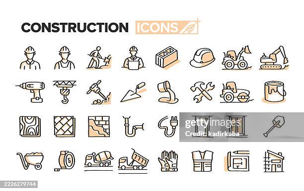construction doodle line icon set. hand sketched elements for creative use. architect, architecture, blueprint, construction industry. - cement mixer stock illustrations