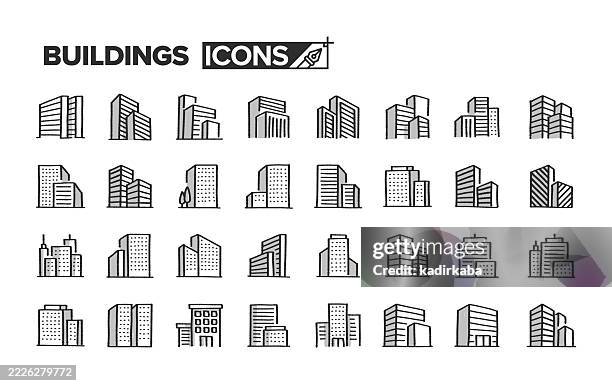 buildings hand drawn minimalist doodle line icon set. hand sketched elements for creative use. - skyscraper construction stock illustrations