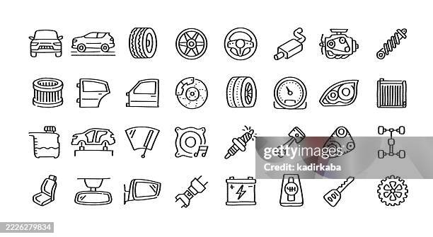 ilustraciones, imágenes clip art, dibujos animados e iconos de stock de conjunto de iconos de línea de garabatos de piezas de coche. elementos esbozados a mano para uso creativo. taller, mantenimiento, mecánica de automóviles. - mechanical drawing car