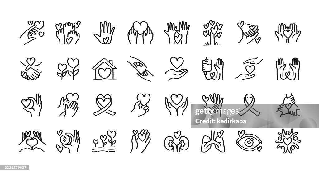 Charity and Donation Doodle Line Icon Set. Hand Sketched Elements for Creative Use. Awareness, Volunteer, Donor, Organ Donation, Give Love