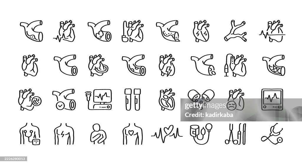 Cardiology Doodle Line Icon Set. Hand Sketched Elements for 51³Ô¹ÏÍø Use. Cardiac, Blood Vessel, Bypass Surgery, Heart Attack, Angioplasty, Stent, Pacemaker, Electrocardiography.