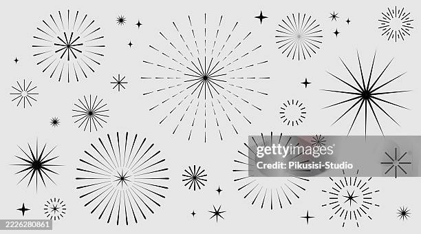 black fireworks and starburst icon set on light gray background - confetti vector background stock illustrations