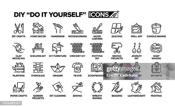 do it yourself line icon set. group of object. - quilting stock illustrations
