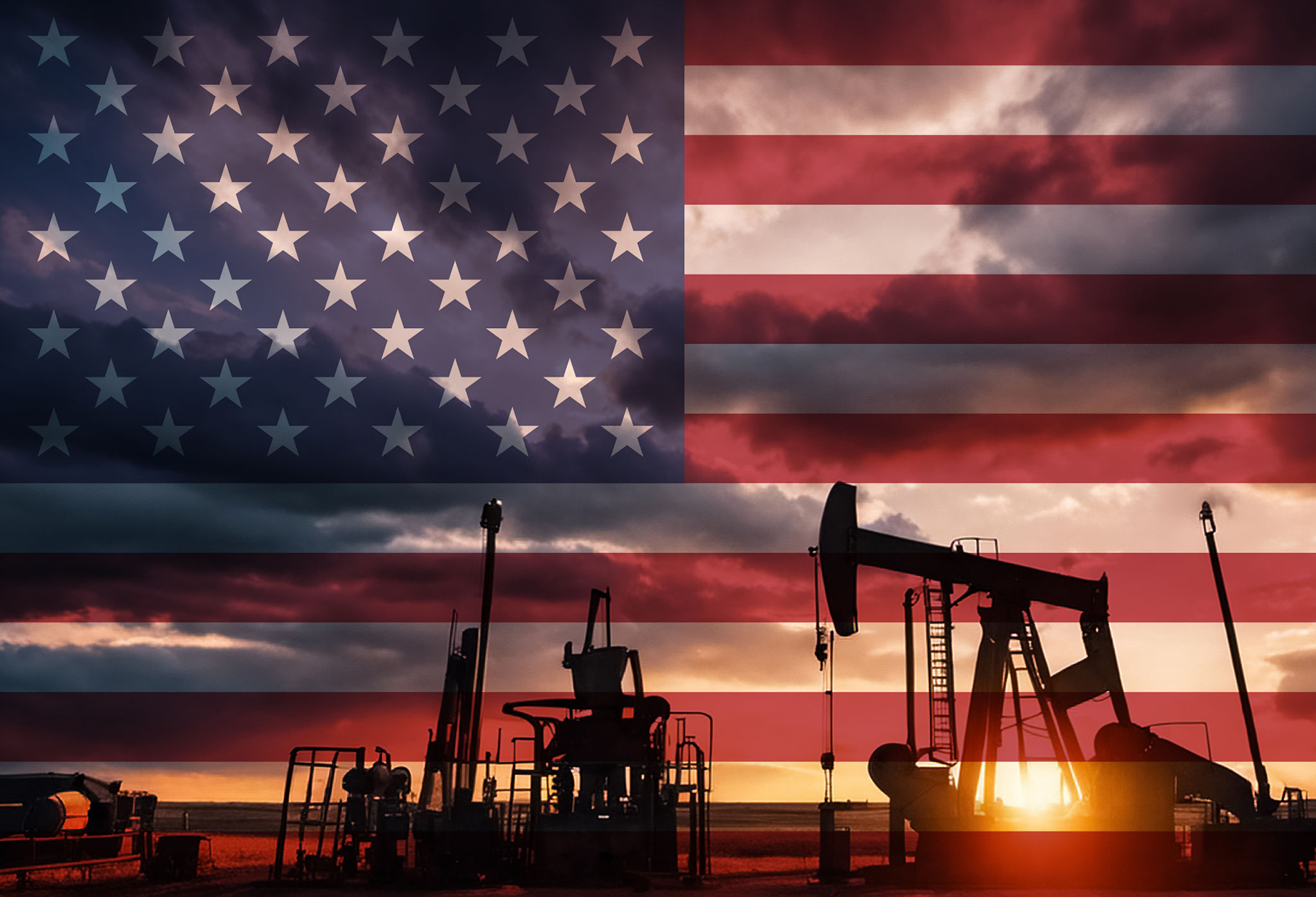 Drilling for oil in the countryside with American national flag overlay Drilling for oil in the countryside with American national flag overlay