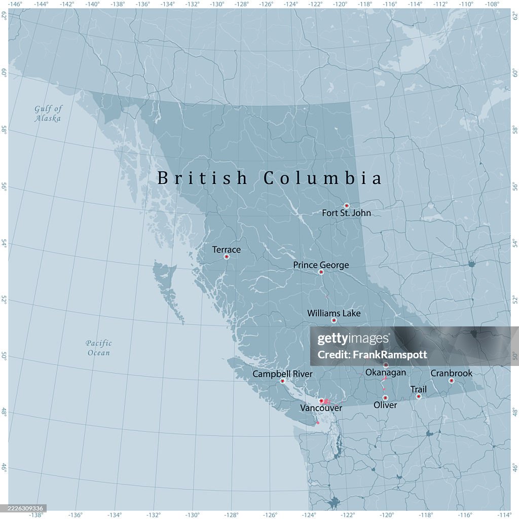 British Columbia Province Canada Vector Road Map Grey