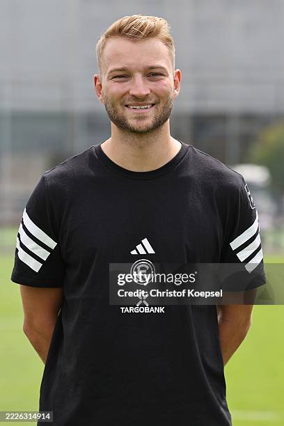 Jonathan Hoppe, physiotherapist of Fortuna Düsseldorf poses during the team presentation at Raining Ground on July 21, 2025 in Duesseldorf, Germany.