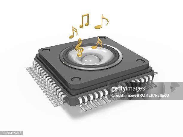 3d microchip, processor, cpu with integrated loudspeaker and flying notes, isolated - flying chips isolated stock illustrations
