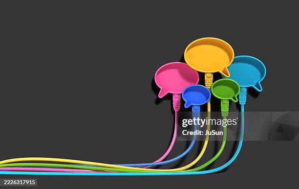 colorful speech bubble icons with network cables isolated on the black background - kommunikationssätt bildbanksfoton och bilder