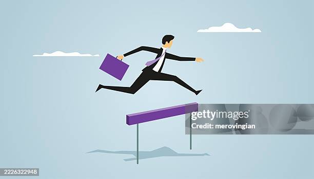 businessman jumping over the obstacle with determination - sales leads stock illustrations