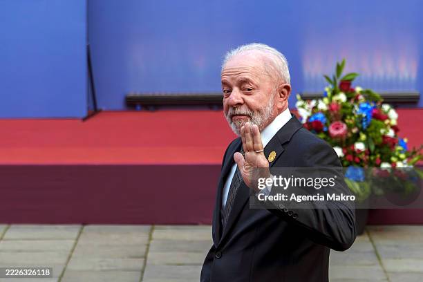 President of Brazil Luiz Inácio Lula da Silva greets the press before participating in the "Reunion De Alto Nivel: Democracia Siempre" on July 21,...