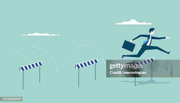 businessman overcoming challenges by hurdles - jumping over stock illustrations