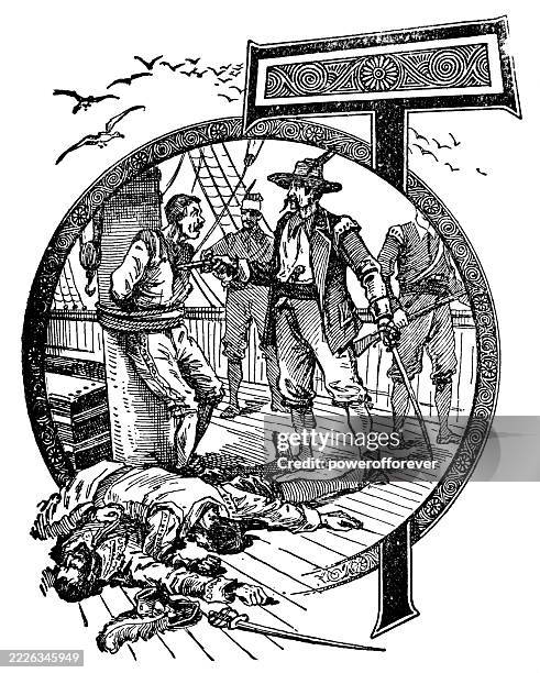 inhabited initial capital letter t with john smith being arrested for mutiny aboard the susan constant - 19th century - ship deck stock illustrations