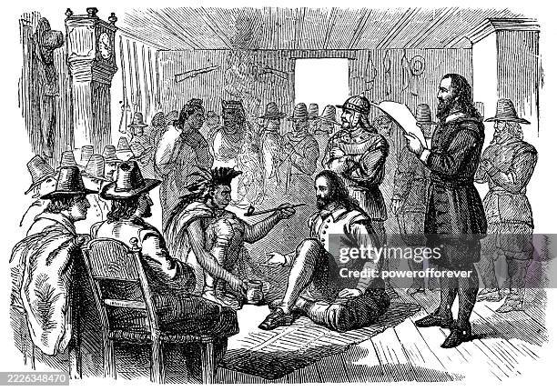 chief massasoit sachem and governor john carver established a formal treaty of peace at the plymouth colony in massachusetts - 17th century - pilgrims stock illustrations
