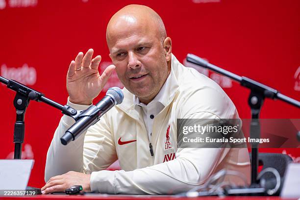 Liverpools FC head coach Arne Slot talks to media at the post match press conference after AC Milan takes the victory against Liverpool FC at the...