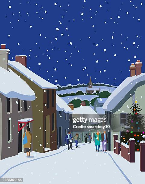 rural village scene in winter - devon stock illustrations