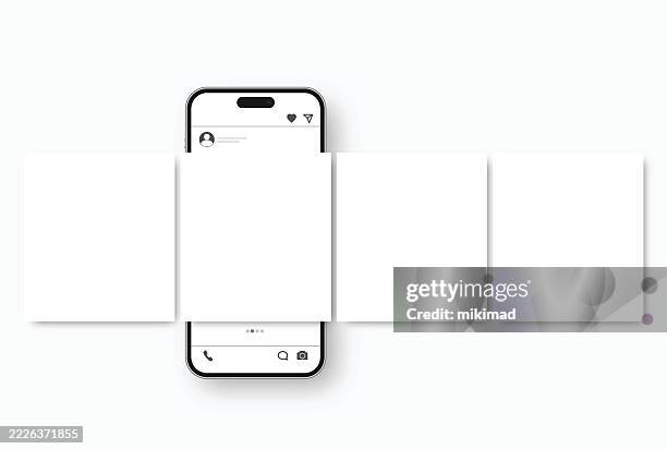 stockillustraties, clipart, cartoons en iconen met realistic smartphone with carousel interface post on social network. social media design concept. social media carousel post template mockup. transparent background. vector illustration, eps 10. - reclamebord commercieel bord
