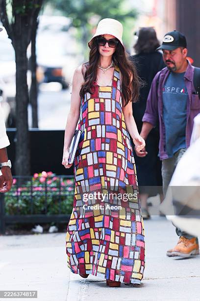 Anne Hathaway seen on the set of "Devil Wears Prada 2" on July 21, 2025 in New York City.