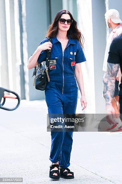 Anne Hathaway seen on the set of "Devil Wears Prada 2" in Chelsea on July 21, 2025 in New York City.