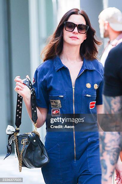 Anne Hathaway seen on the set of "Devil Wears Prada 2" in Chelsea on July 21, 2025 in New York City.