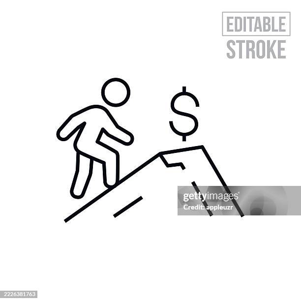 ilustraciones, imágenes clip art, dibujos animados e iconos de stock de persona escalando una montaña hacia el dinero en la parte superior icono de línea delgada - trazo editable - libertad financiera
