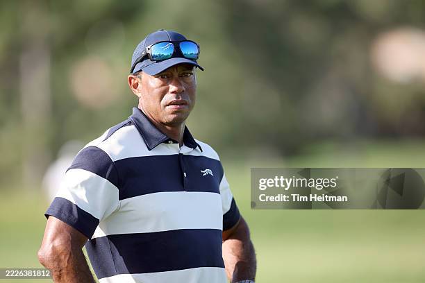 Tiger Woods watches his son Charlie Woods play during the first round of the U.S. Junior Amateur at Brook Hollow Golf Club on July 21, 2025 in...