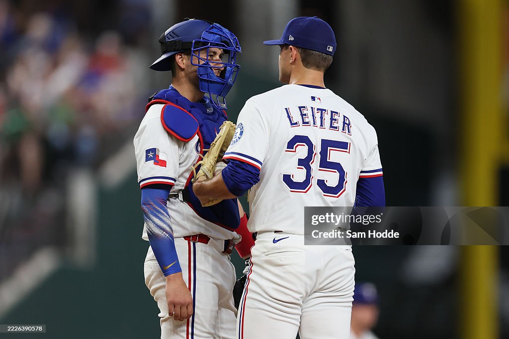 Kyle Rix Rangers Kyle Higashioka and Jack Leiter of the Texas Rangers talk on the ...