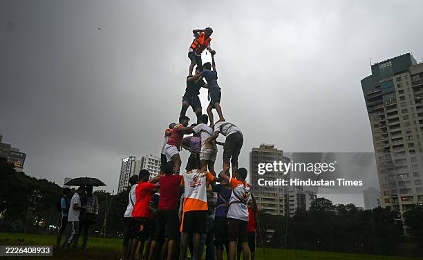 Blind Govindas practiced for Dahi Handi in the evening at Matunga Garden, on July 26, 2025 in Mumbai, India. Dahi Handi is a festive event and team...