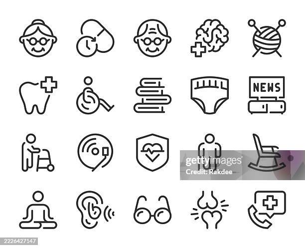ilustraciones, imágenes clip art, dibujos animados e iconos de stock de ancianos - iconos de línea - asistente de enfermera