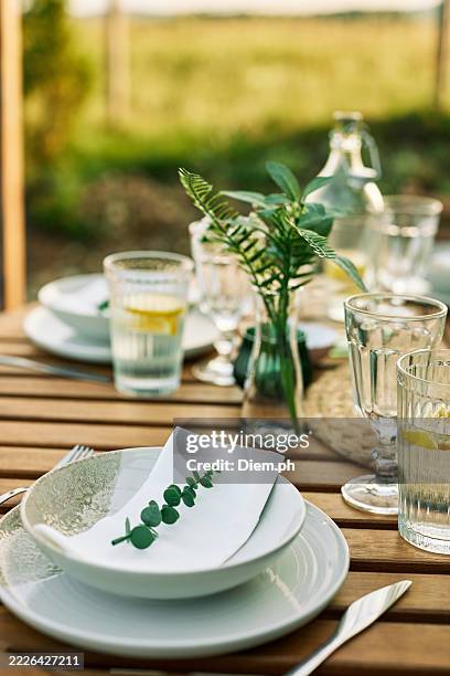 elegant outdoor lunch table with fresh details - picknicktafel stockfoto's en -beelden