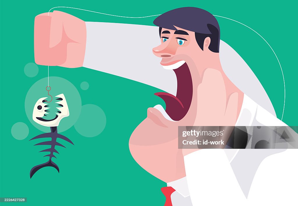 Businessman shocking while catching fish skeleton