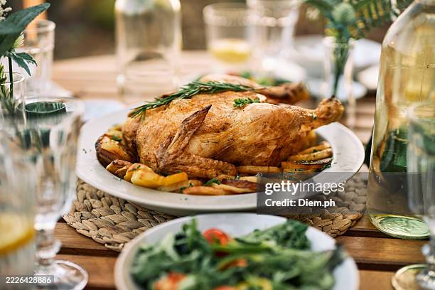 déjeuner rustique en plein air avec poulet entier rôti - stylisme culinaire photos et images de collection