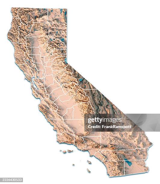 california us state topographic map 3d render neutral counties border isolated - central valley california stock pictures, royalty-free photos & images