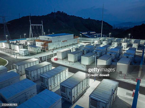 aerial view energy storage power station at night - energy storage stock pictures, royalty-free photos & images
