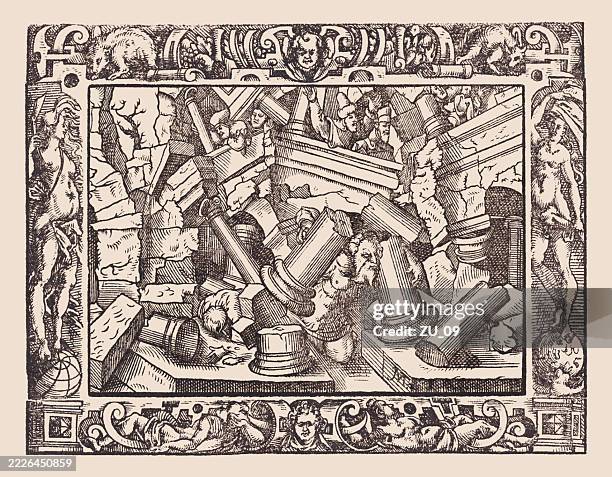 samson's revenge and death (judges 16), wood engraving, published 1607 - woodcut stock illustrations