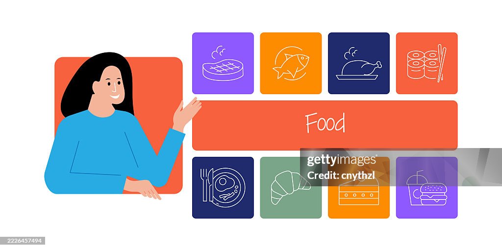 Food Concept Banner Design. Meat, Fish, Sushi, Taco, Pizza, Cake.