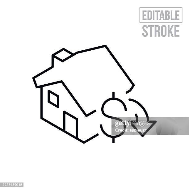 house prices doing down thin line icon - editable stroke - affordable housing stock illustrations